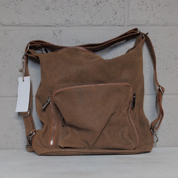 Nortani Brown Suede Leather Shoulder Bag, Convertible Hobo, NWT - Picture 3 of 10